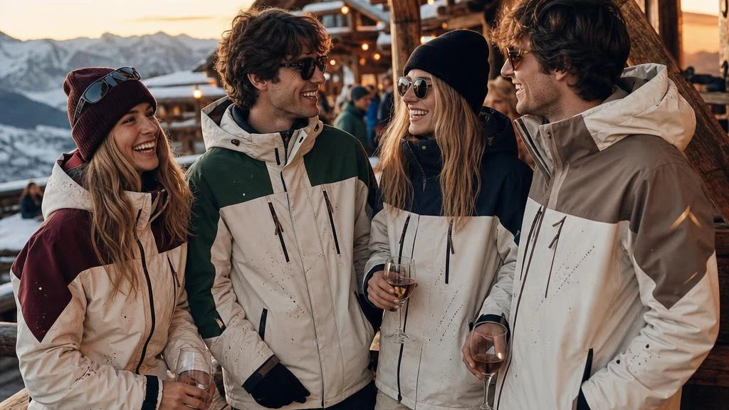 Young friends wearing restrained colour-block winter jackets at an alpine après-ski terrace