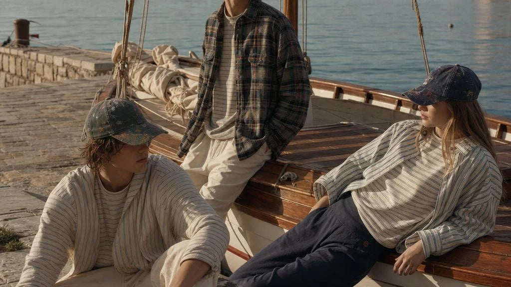Young friends wearing relaxed Mon Chéri styles beside a Mediterranean marina