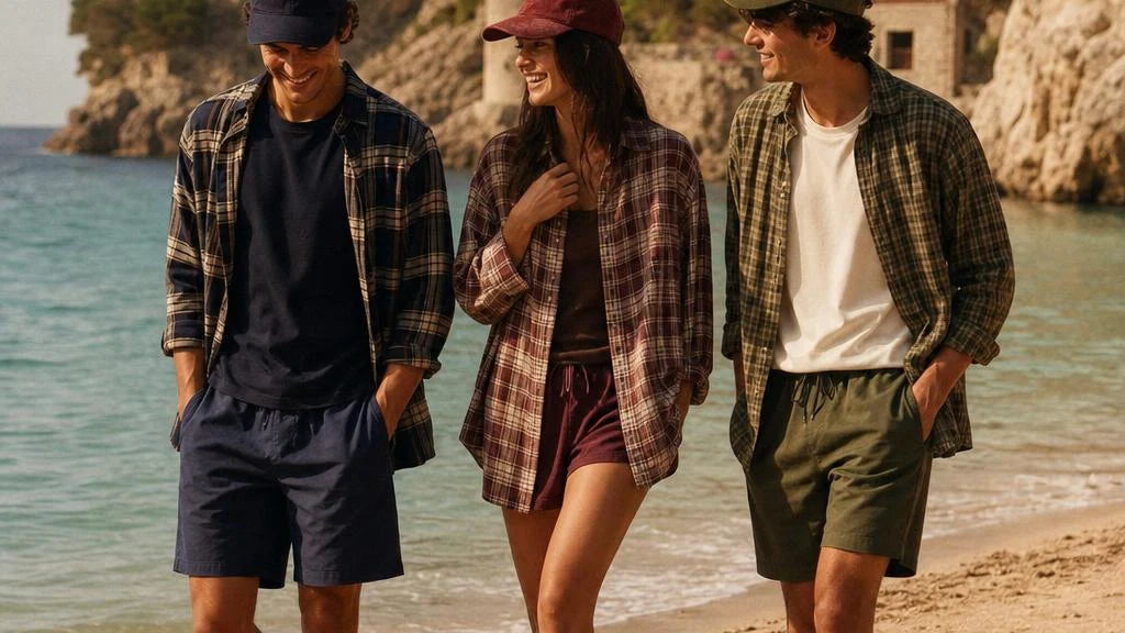 Young friends wearing relaxed plaid shirts and caps on a quiet Mediterranean beach