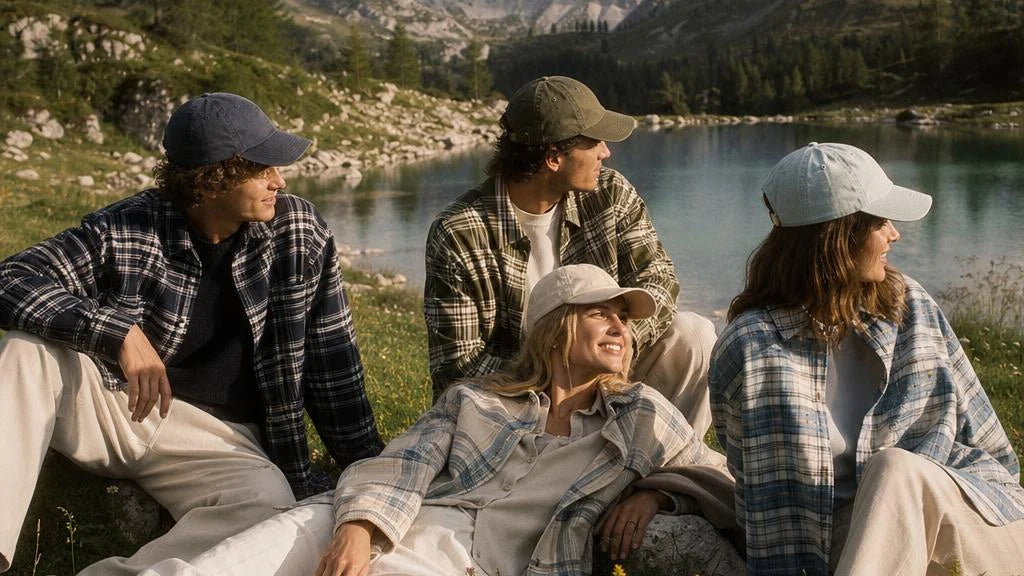 Young friends wearing relaxed plaid shirts and caps beside a summer lake in the Dolomites
